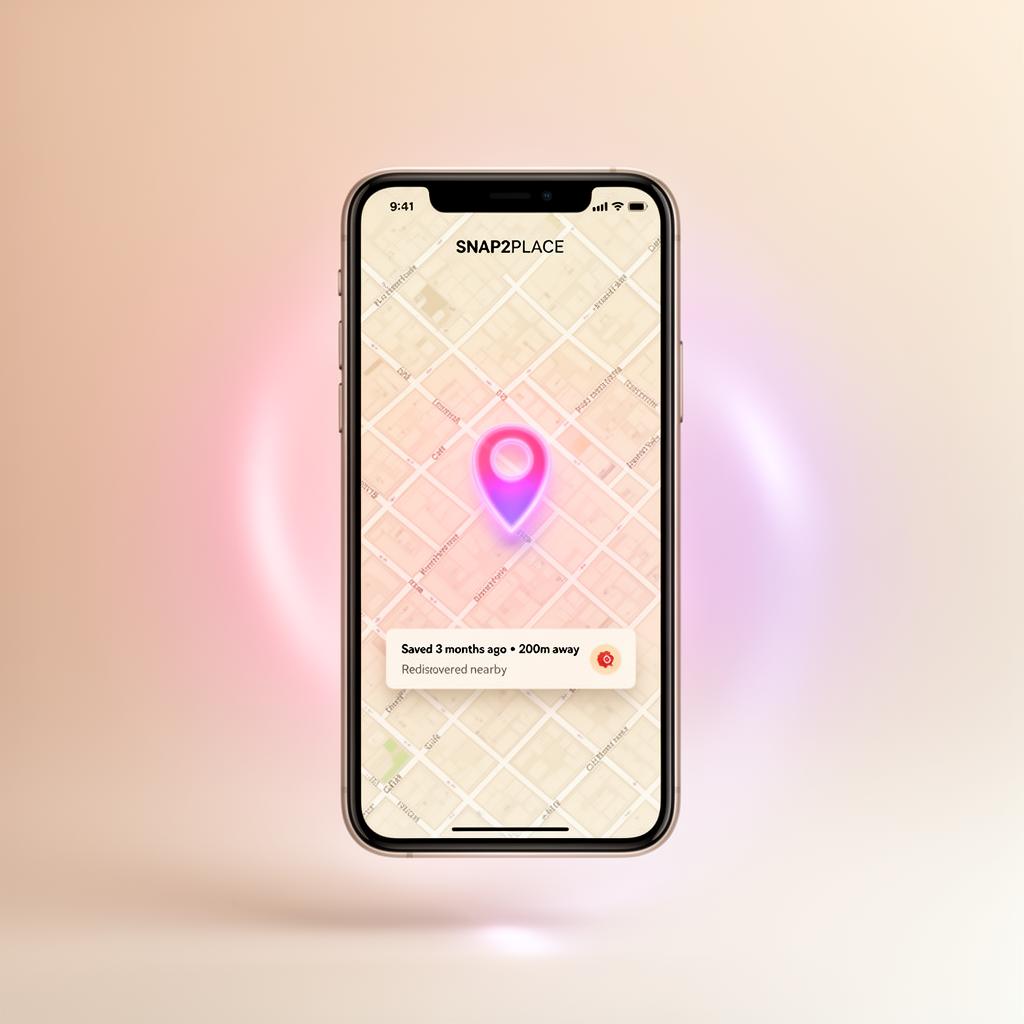 SNAP2PLACE map with a saved place rediscovered nearby